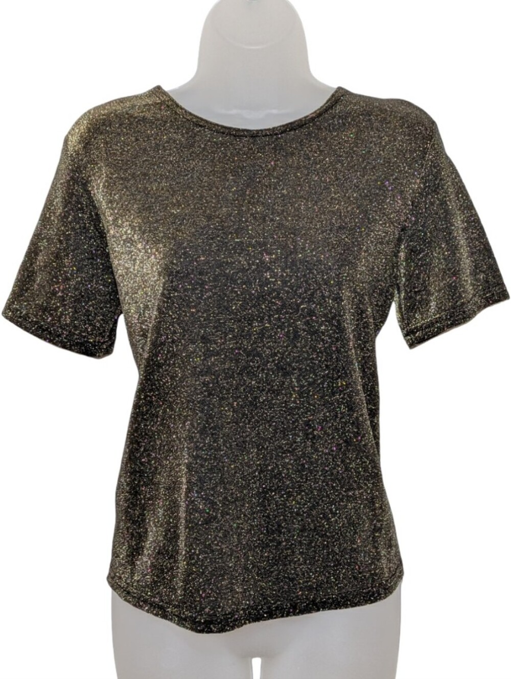 Vintage| Metallic Sparkle Short Sleeve Top | Black | Gold | Chic | Casual | Fall